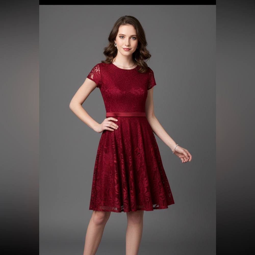 Celsvie Burgundy Floral Lace A-Line Formal Dress